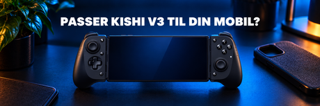 Razer Kishi V3 med mobil på en blåbelyst gamingplads ved siden af et mobilcover.