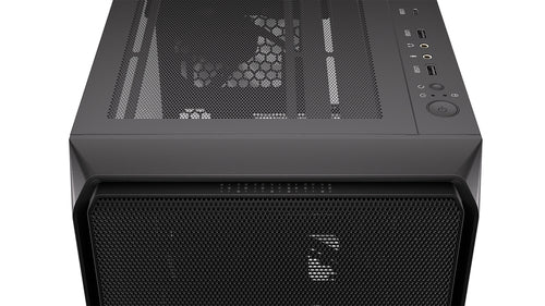 Sort Endorfy ARX 500 Air-PC-kabinet – nærbillede af top, stik og knapper