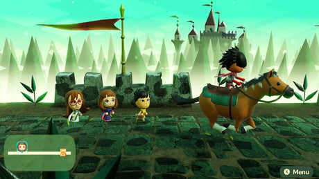 Miitopia – skærmbillede med figurer og hest foran slot