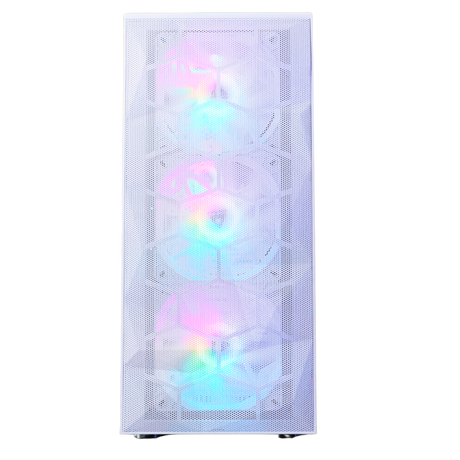 Hvidt PC-kabinet set forfra med tre RGB-blæsere