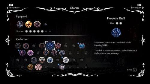 Hollow Knight – skærmbillede med oversigt over amuletter