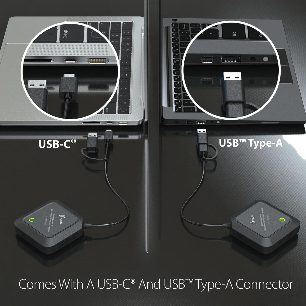 j5create JVW120-N trådløs USB-forlænger – tilslutningsdiagram med USB-C og USB-A