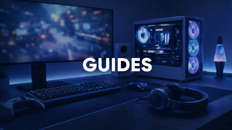 Gaming-setup med teksten Guides