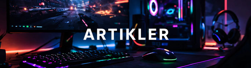 Gaming-setup med teksten Artikler