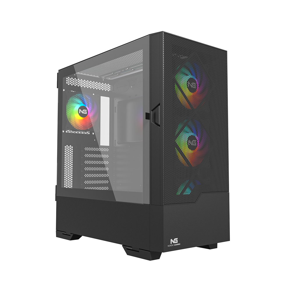 Sort Nordic Gaming Munin-PC-kabinet med glasside og RGB-blæsere