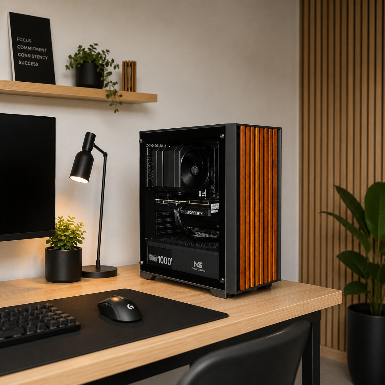 Gaming-setup med sort PC med trælameller på fronten