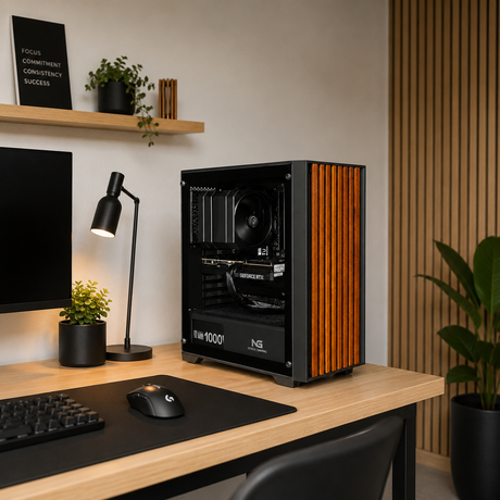 Gaming-setup med sort PC med trælameller på fronten