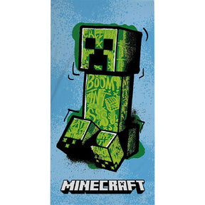 Blåt Minecraft-badehåndklæde med grøn Creeper og Minecraft-logo