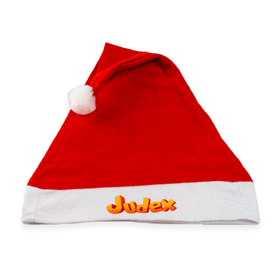 Rød Judex-nissehue med hvid kant, hvid kvast og orange logo