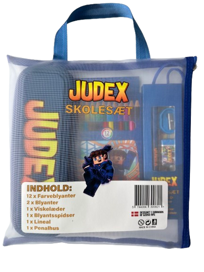 Judex-skolesæt med blå taske og skoleartikler, vist i emballagen