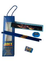 Judex-skolesæt med lineal, blyanter, viskelæder og blyantspidser
