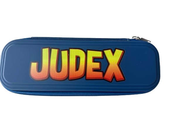 Blåt Judex-penalhus med stort orange logo