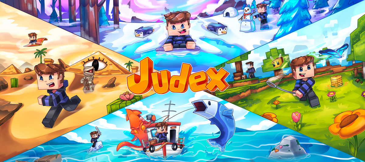 Judex-motiv med Minecraft-figurer i farverige landskaber
