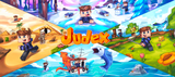 Judex-motiv med Minecraft-figurer i farverige landskaber