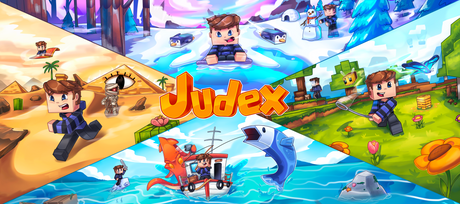 Judex-motiv med Minecraft-figurer i farverige landskaber