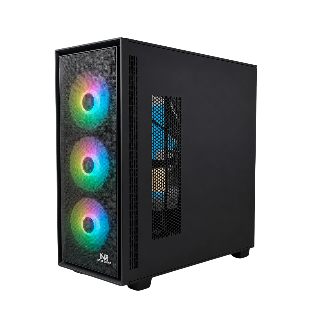 Sort PC-kabinet set skråt forfra med tre RGB-blæsere