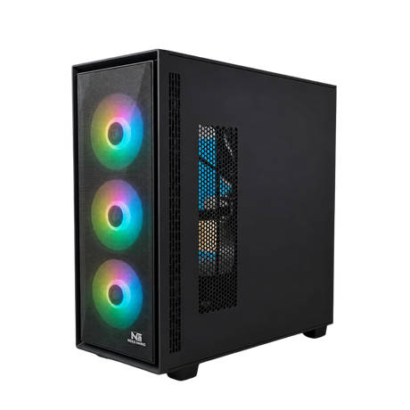 Sort PC-kabinet set skråt forfra med tre RGB-blæsere