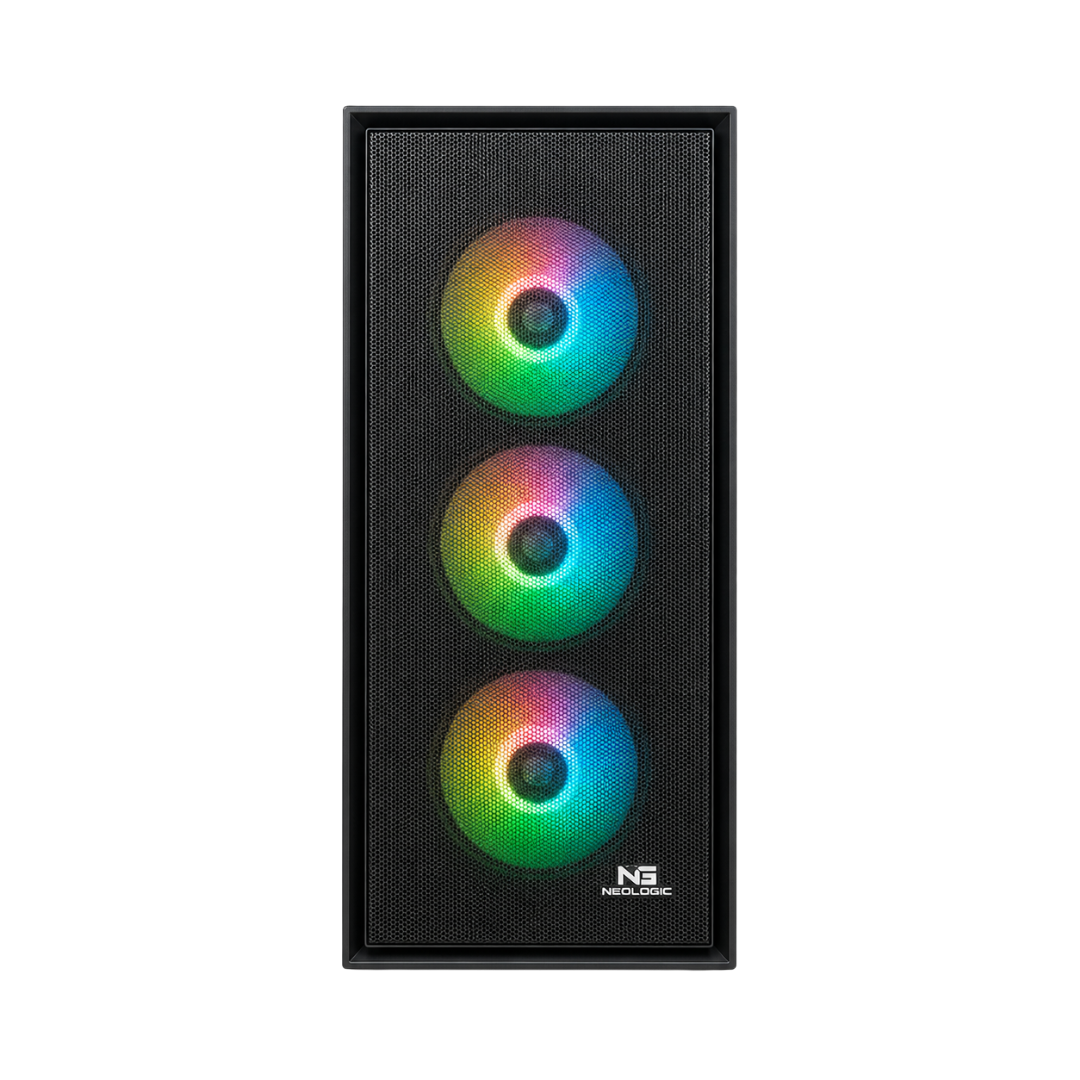 Sort PC-kabinet set forfra med tre RGB-blæsere