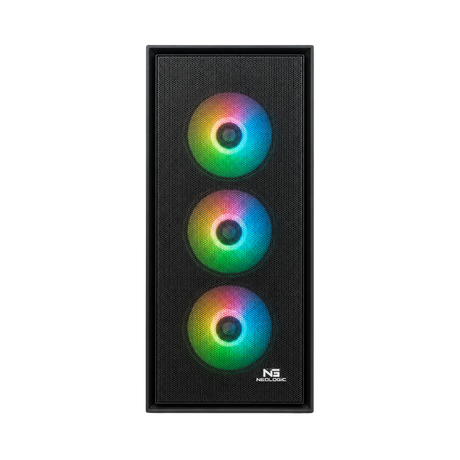 Sort PC-kabinet set forfra med tre RGB-blæsere