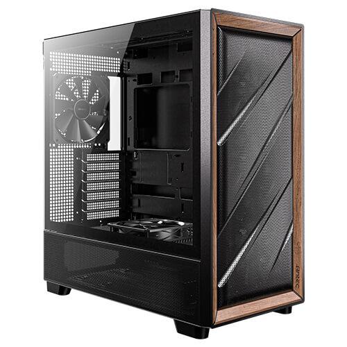 Antec FLUX-kabinet med glasvindue og brun træramme, set skråt forfra