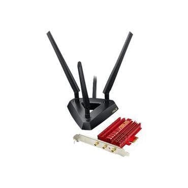 ASUS PCE-AC68 trådløst netværkskort med rødt kølelegeme og ekstern antennebase