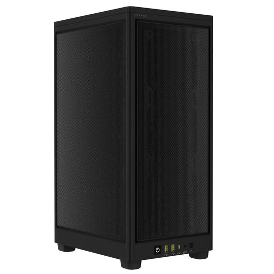 Sort Corsair 2000D AIRFLOW-kabinet med meshpaneler og tilslutninger i bunden