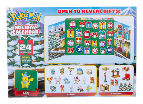 Bagsiden af Pokémon-adventskalenderens æske med oversigt over figurer og tilbehør