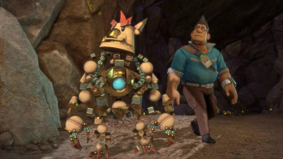 Knack 2 – skærmbillede med Knack og menneskefigur i grotte