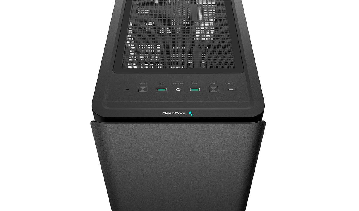 Toppen af DeepCool CK500-kabinet med knapper og tilslutninger