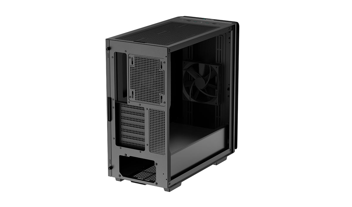 DeepCool CK500-kabinet set skråt bagfra med glasvindue og bagblæser