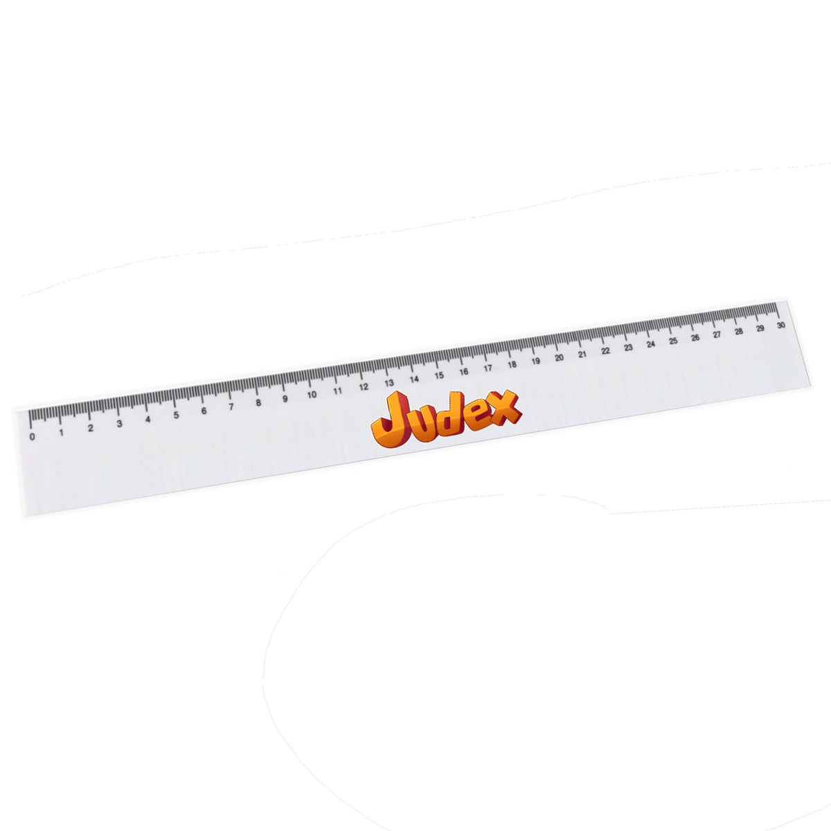 Hvid Judex-lineal med orange logo og sorte målestreger